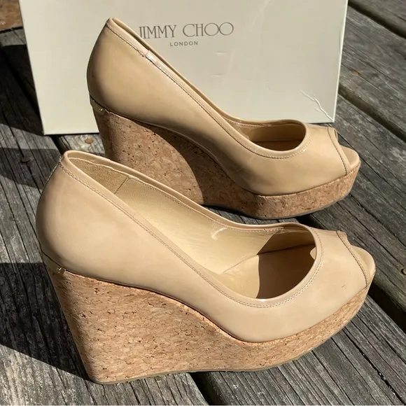 Jimmy Choo Papina Nude Patent Leather Peep-Toe Wedge