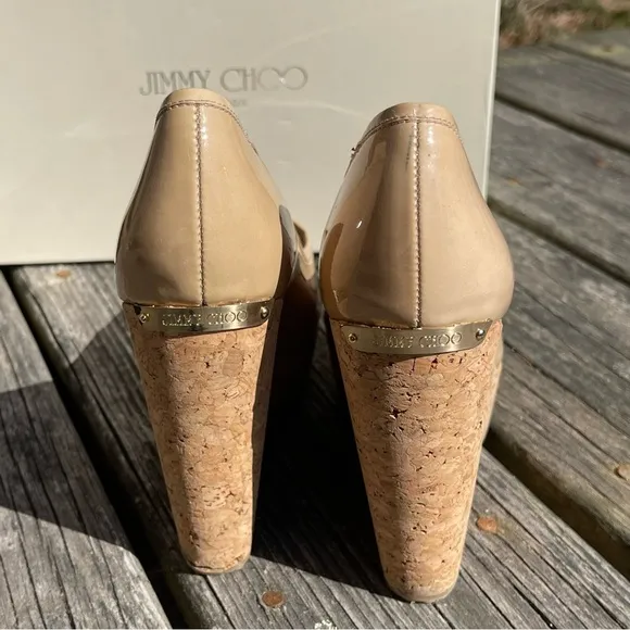 Jimmy Choo Papina Nude Patent Leather Peep-Toe Wedge