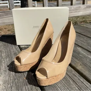 Jimmy Choo Papina Nude Patent Leather Peep-Toe Wedge