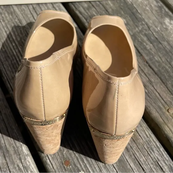 Jimmy Choo Papina Nude Patent Leather Peep-Toe Wedge
