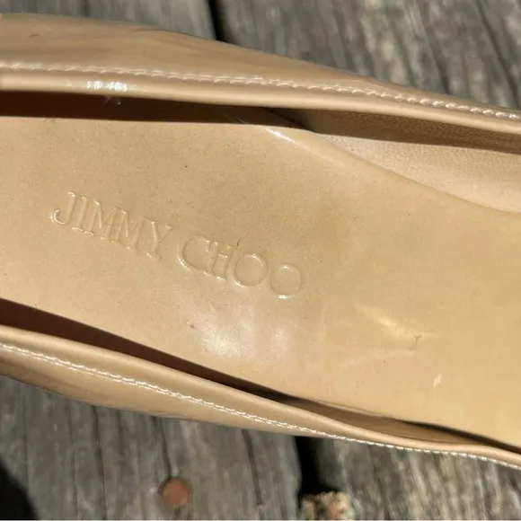 Jimmy Choo Papina Nude Patent Leather Peep-Toe Wedge
