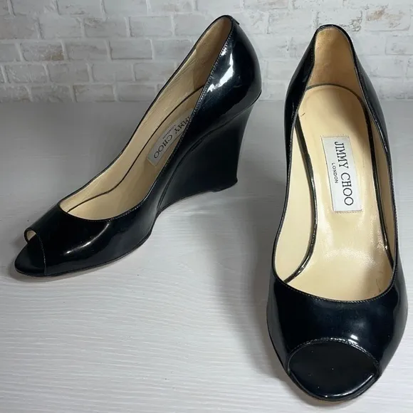 Jimmy Choo Patent Leather Classic Peep Toe Wedge Heel Designer Luxury Pump Shoes