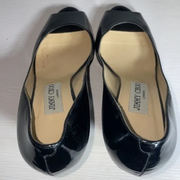 Jimmy Choo Patent Leather Classic Peep Toe Wedge Heel Designer Luxury Pump Shoes