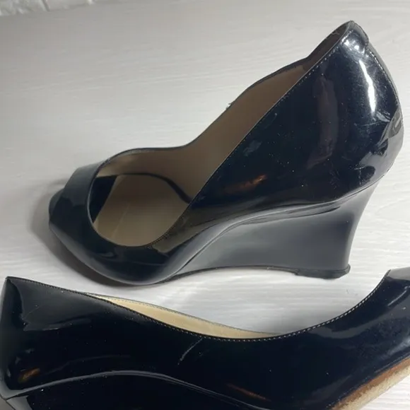 Jimmy Choo Patent Leather Classic Peep Toe Wedge Heel Designer Luxury Pump Shoes