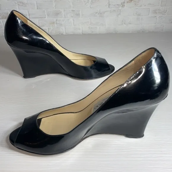 Jimmy Choo Patent Leather Classic Peep Toe Wedge Heel Designer Luxury Pump Shoes