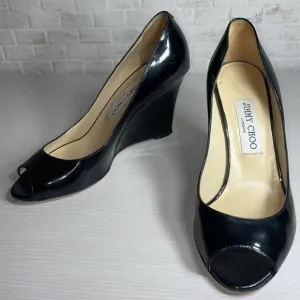 Jimmy Choo Patent Leather Classic Peep Toe Wedge Heel Designer Luxury Pump Shoes