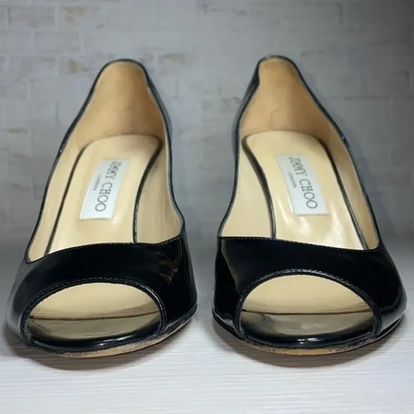 Jimmy Choo Patent Leather Classic Peep Toe Wedge Heel Designer Luxury Pump Shoes