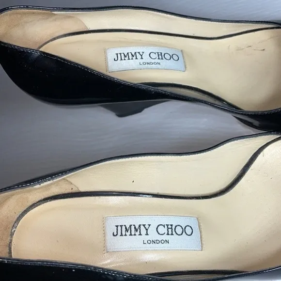 Jimmy Choo Patent Leather Classic Peep Toe Wedge Heel Designer Luxury Pump Shoes