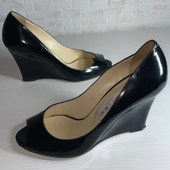 Jimmy Choo Patent Leather Classic Peep Toe Wedge Heel Designer Luxury Pump Shoes