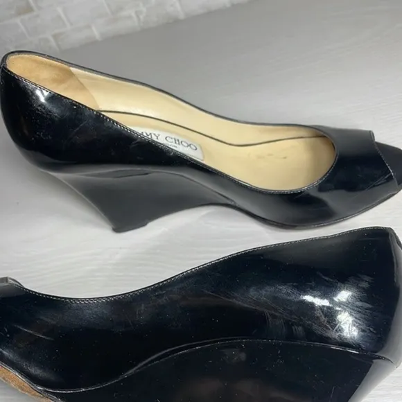 Jimmy Choo Patent Leather Classic Peep Toe Wedge Heel Designer Luxury Pump Shoes
