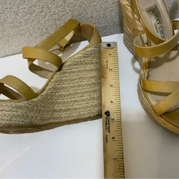 JIMMY CHOO PORTO CRISSCROSS ESPADRILLE WEDGE SANDALS NUDE PATENT LEATHER SZ 39