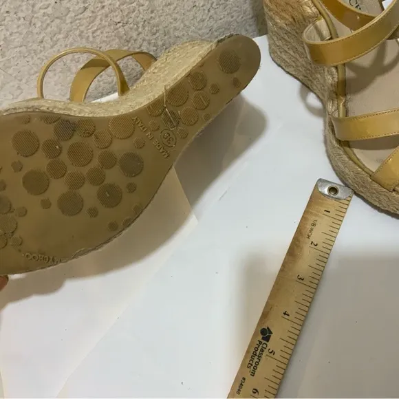 JIMMY CHOO PORTO CRISSCROSS ESPADRILLE WEDGE SANDALS NUDE PATENT LEATHER SZ 39
