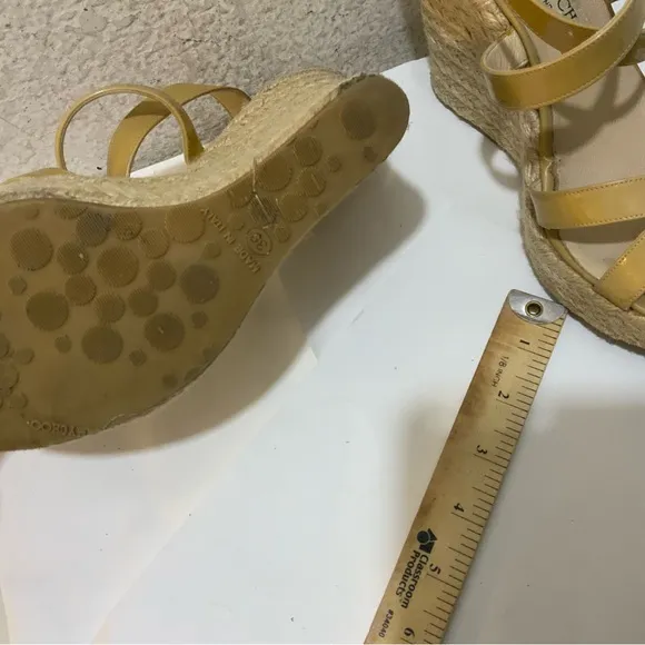 JIMMY CHOO PORTO CRISSCROSS ESPADRILLE WEDGE SANDALS NUDE PATENT LEATHER SZ 39