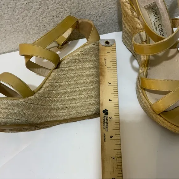 JIMMY CHOO PORTO CRISSCROSS ESPADRILLE WEDGE SANDALS NUDE PATENT LEATHER SZ 39