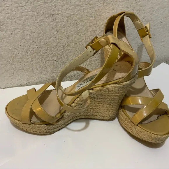 JIMMY CHOO PORTO CRISSCROSS ESPADRILLE WEDGE SANDALS NUDE PATENT LEATHER SZ 39
