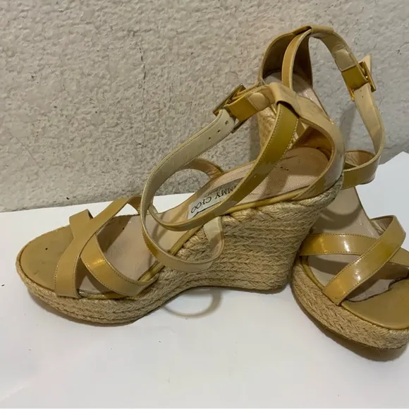 JIMMY CHOO PORTO CRISSCROSS ESPADRILLE WEDGE SANDALS NUDE PATENT LEATHER SZ 39