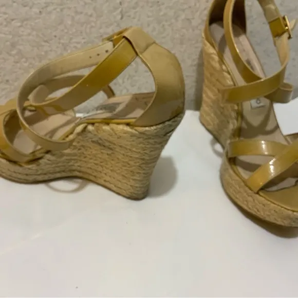JIMMY CHOO PORTO CRISSCROSS ESPADRILLE WEDGE SANDALS NUDE PATENT LEATHER SZ 39