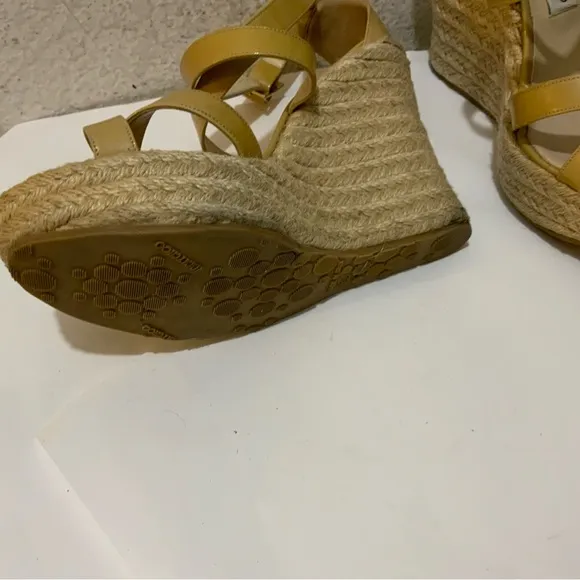JIMMY CHOO PORTO CRISSCROSS ESPADRILLE WEDGE SANDALS NUDE PATENT LEATHER SZ 39