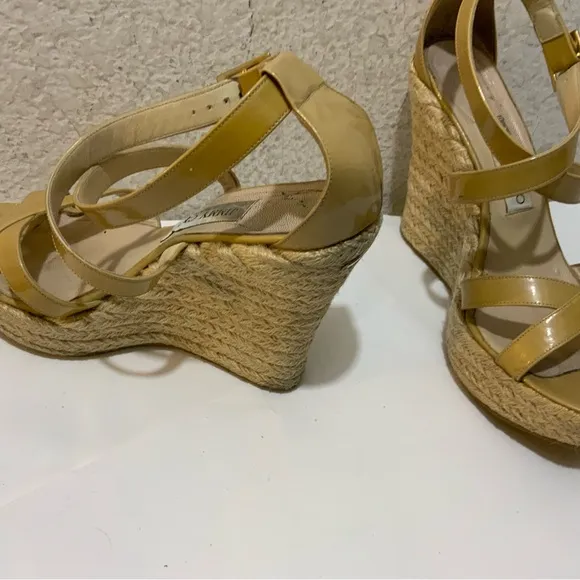 JIMMY CHOO PORTO CRISSCROSS ESPADRILLE WEDGE SANDALS NUDE PATENT LEATHER SZ 39