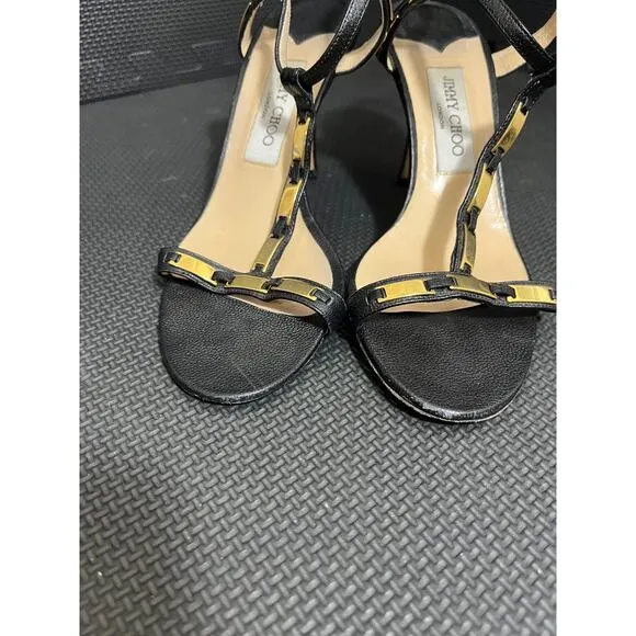 Jimmy Choo Shoes Black Stiletto Leather T Strap Gold Bars Size 39.5 US 9.5