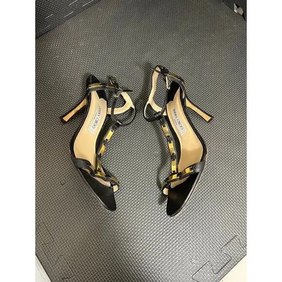 Jimmy Choo Shoes Black Stiletto Leather T Strap Gold Bars Size 39.5 US 9.5
