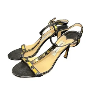 Jimmy Choo Shoes Black Stiletto Leather T Strap Gold Bars Size 39.5 US 9.5
