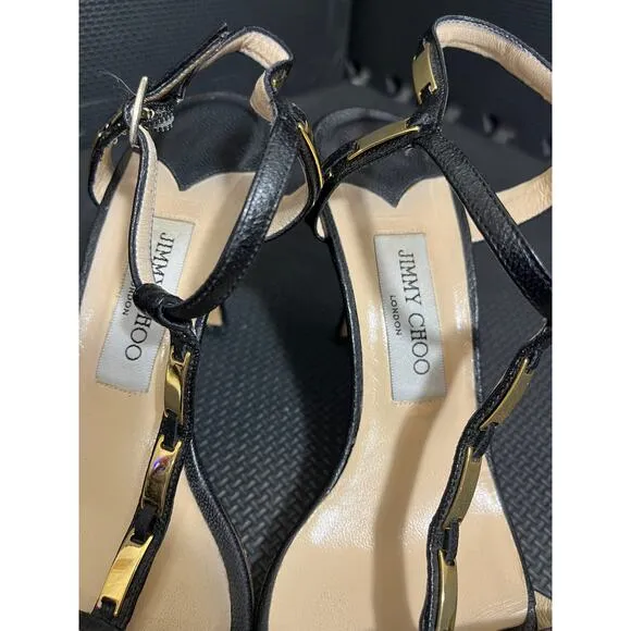 Jimmy Choo Shoes Black Stiletto Leather T Strap Gold Bars Size 39.5 US 9.5
