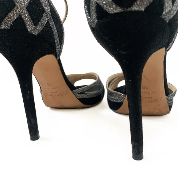 Jimmy Choo Suede Printed D’Orsay Peep Toe Pumps Black/Silver Glitter 39 EU / 9US