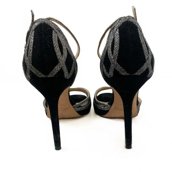 Jimmy Choo Suede Printed D’Orsay Peep Toe Pumps Black/Silver Glitter 39 EU / 9US