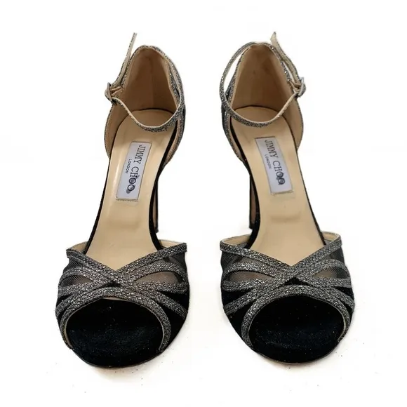 Jimmy Choo Suede Printed D’Orsay Peep Toe Pumps Black/Silver Glitter 39 EU / 9US