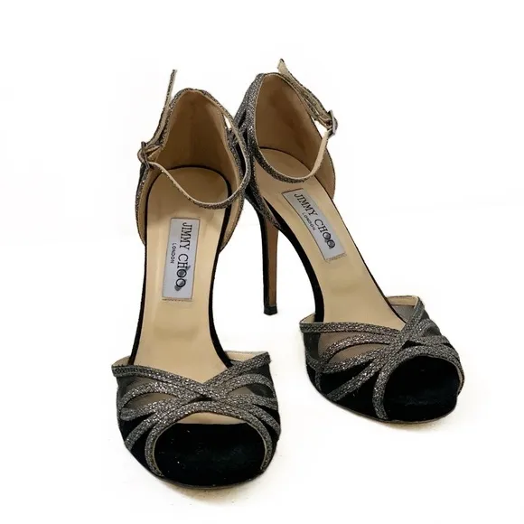 Jimmy Choo Suede Printed D’Orsay Peep Toe Pumps Black/Silver Glitter 39 EU / 9US