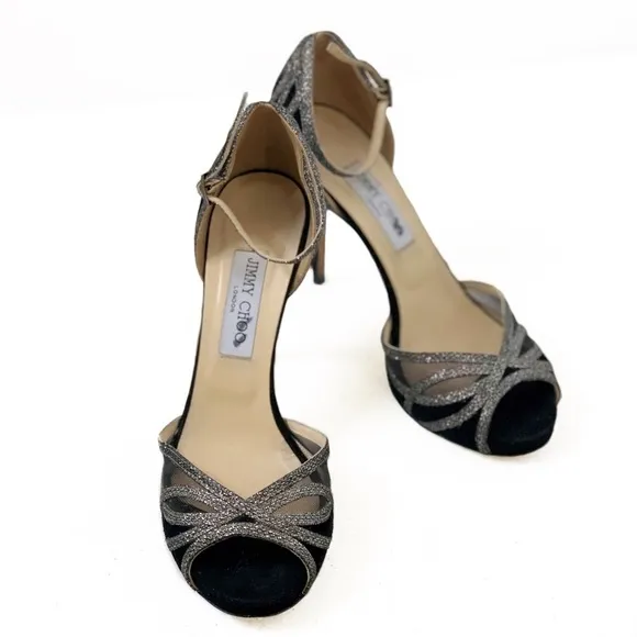 Jimmy Choo Suede Printed D’Orsay Peep Toe Pumps Black/Silver Glitter 39 EU / 9US