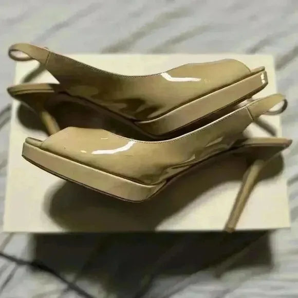 Jimmy Choo Women’s 9.5 Nude Patent Leather Italy Peep Toe Slingback Heels In Box