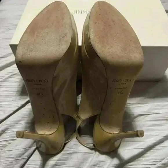 Jimmy Choo Women’s 9.5 Nude Patent Leather Italy Peep Toe Slingback Heels In Box