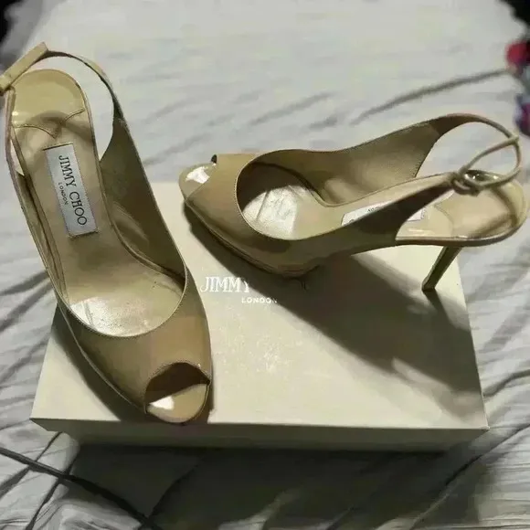 Jimmy Choo Women’s 9.5 Nude Patent Leather Italy Peep Toe Slingback Heels In Box