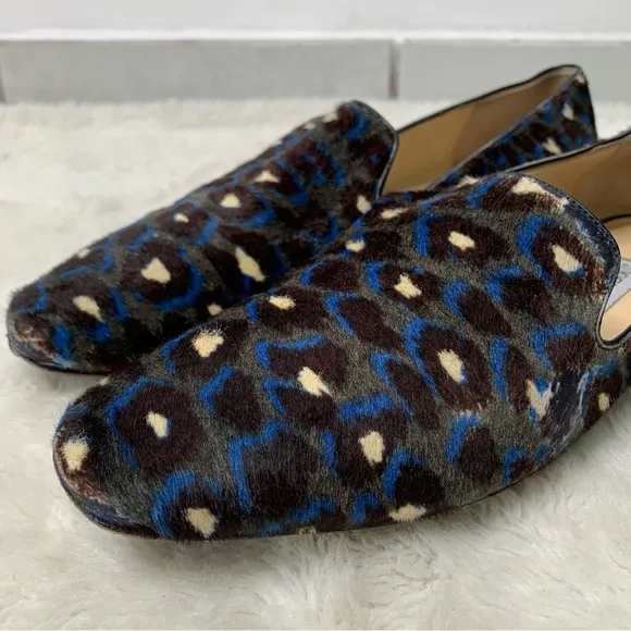 Jimmy Choo Women's Brown Blue Lepoard Print Calf Hair Loafer Shoes Size 41