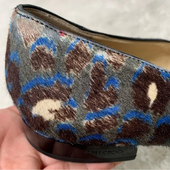 Jimmy Choo Women's Brown Blue Lepoard Print Calf Hair Loafer Shoes Size 41