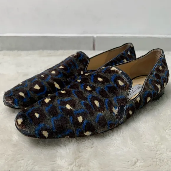 Jimmy Choo Women's Brown Blue Lepoard Print Calf Hair Loafer Shoes Size 41
