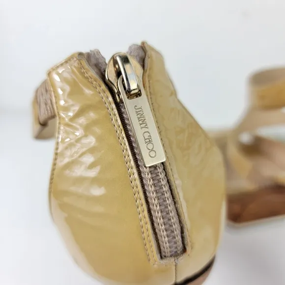 JIMMY CHOO Wooden Heel Platform Patent Sandals Beige 39