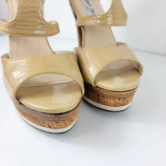 JIMMY CHOO Wooden Heel Platform Patent Sandals Beige 39