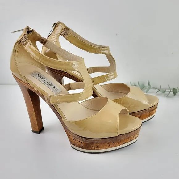 JIMMY CHOO Wooden Heel Platform Patent Sandals Beige 39