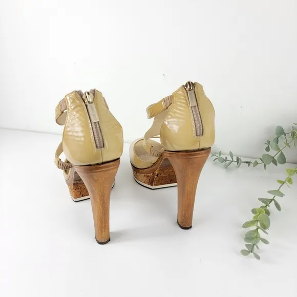 JIMMY CHOO Wooden Heel Platform Patent Sandals Beige 39