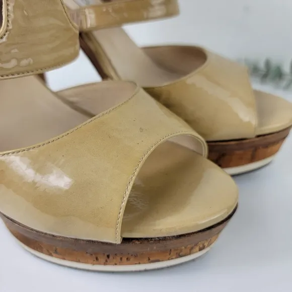 JIMMY CHOO Wooden Heel Platform Patent Sandals Beige 39