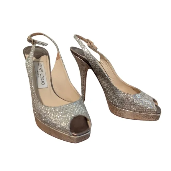 Jimmy Choo,Elegant Silver Peep-Toe Slingback Heels,Size 35.5