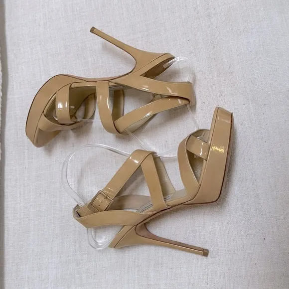 JIMMY CHOO sandal heel pumps neutral‎ beige strappy patent leather 39.5