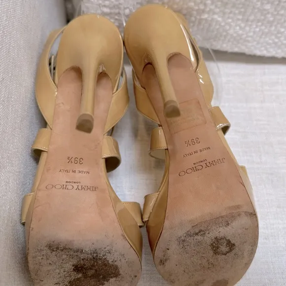 JIMMY CHOO sandal heel pumps neutral‎ beige strappy patent leather 39.5
