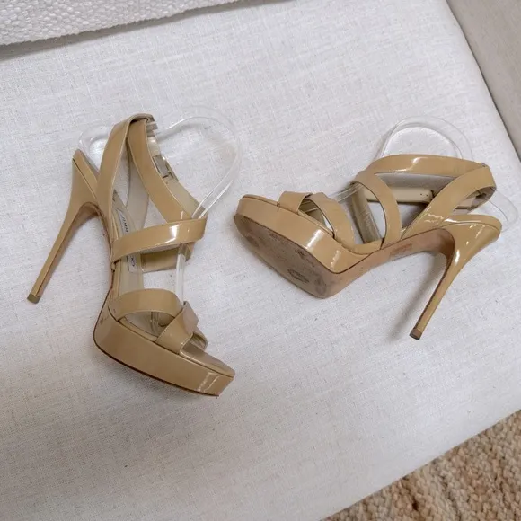 JIMMY CHOO sandal heel pumps neutral‎ beige strappy patent leather 39.5