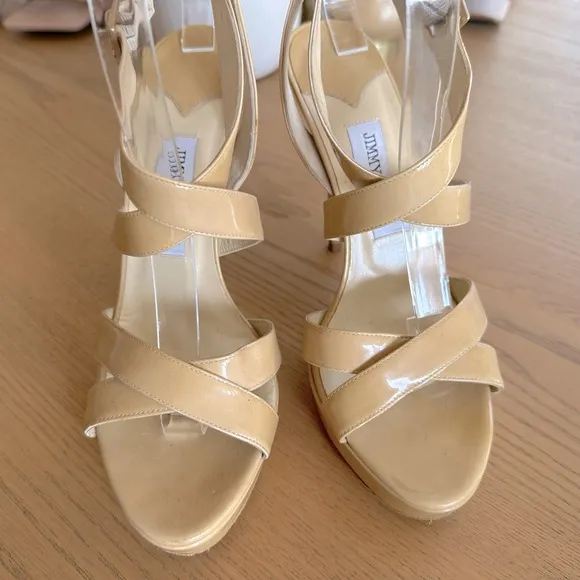 JIMMY CHOO sandal heel pumps neutral‎ beige strappy patent leather 39.5