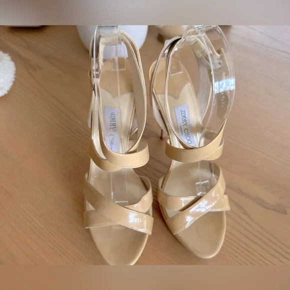 JIMMY CHOO sandal heel pumps neutral‎ beige strappy patent leather 39.5