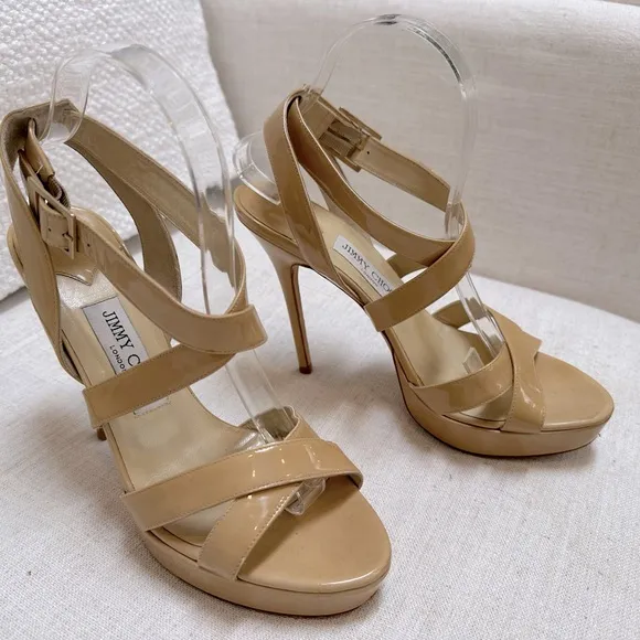 JIMMY CHOO sandal heel pumps neutral‎ beige strappy patent leather 39.5